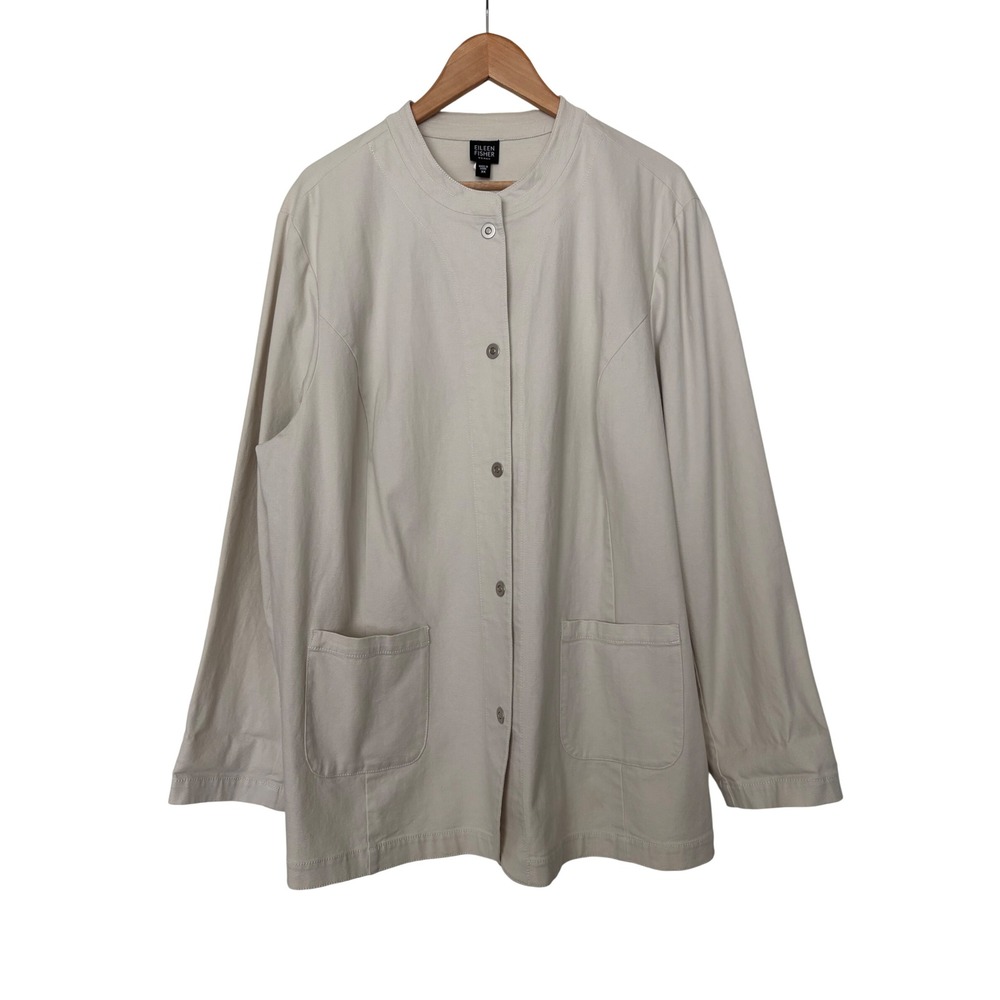 Eileen Fisher Lagenlook Mandarin Collar Beige Cotton Blend Snap Front Jacket 3X
